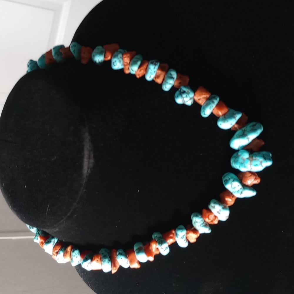 Vintage Turquoise Nugget & Coral Necklace 17.5" Long - Picture 7 of 15